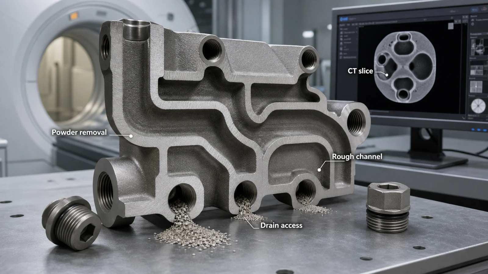 Titanium 3D Printed Internal Channels: Powder Removal and CT